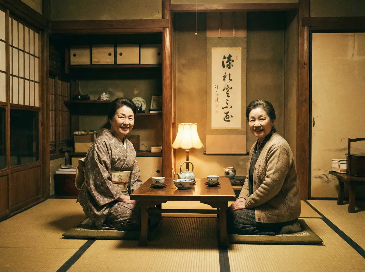 两位优雅的 青蛙军曹全集 在日式茶室中品茶交谈